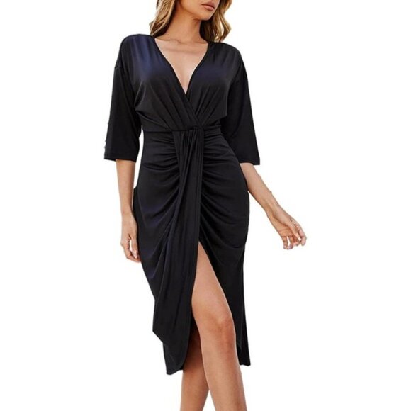 NWT Double Chic V Neck Ruched Midi Wrap Dress Sz Medium - Picture 2 of 5